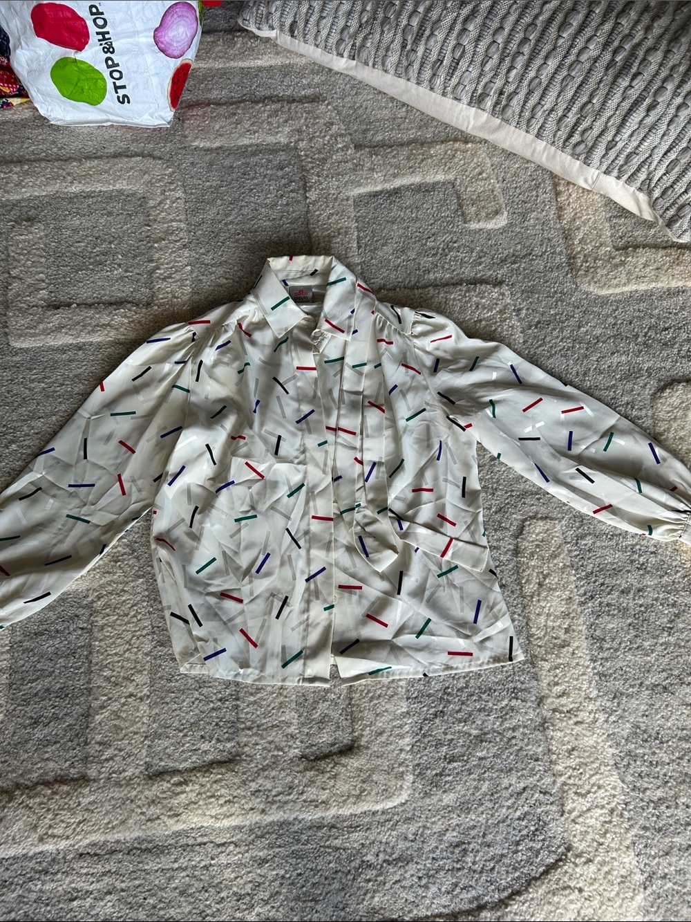 Woman’s  White Patterned Button-Up Shirt- Multi-Color Accents